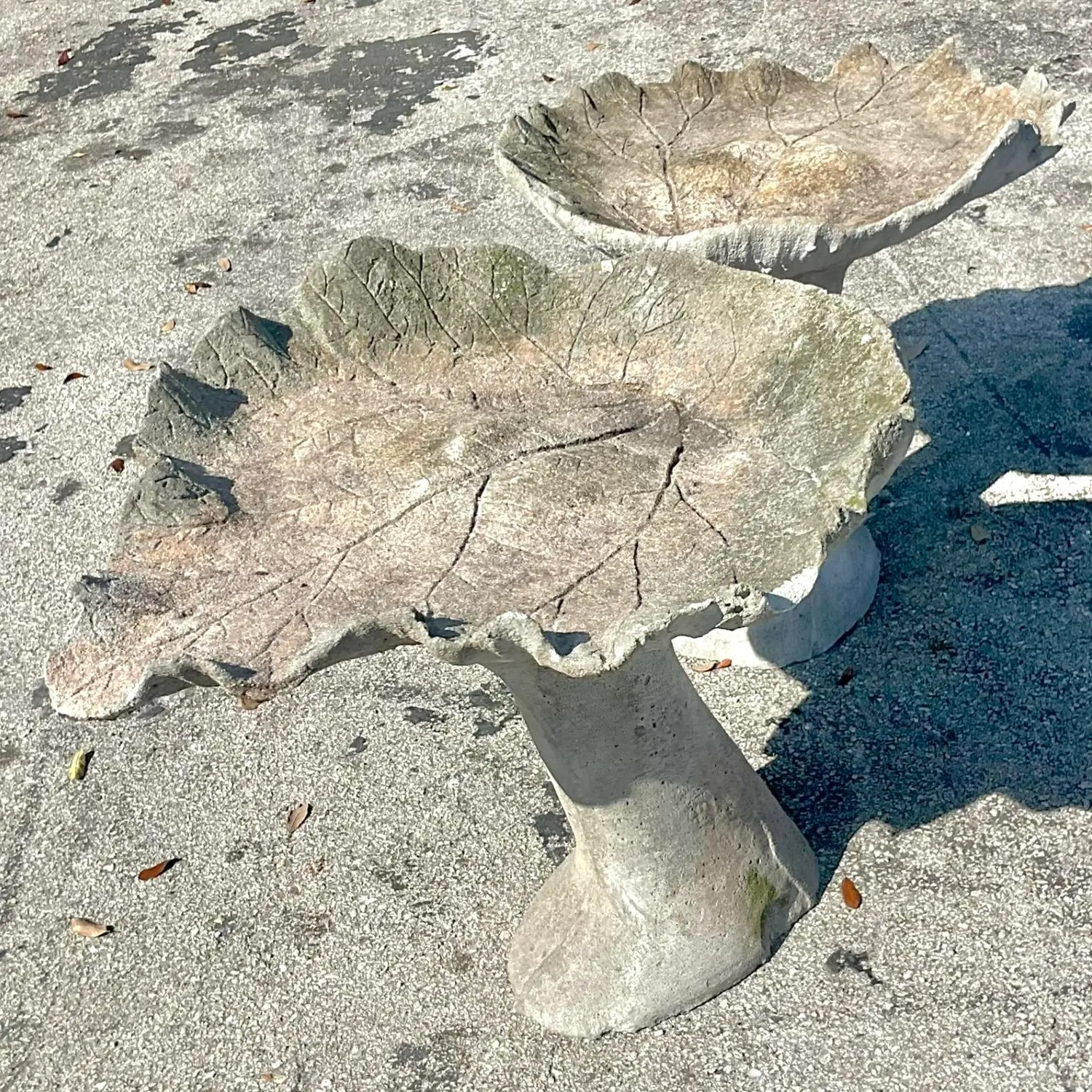 Vintage Boho Cast Cement Leaf Birdbath - Side view