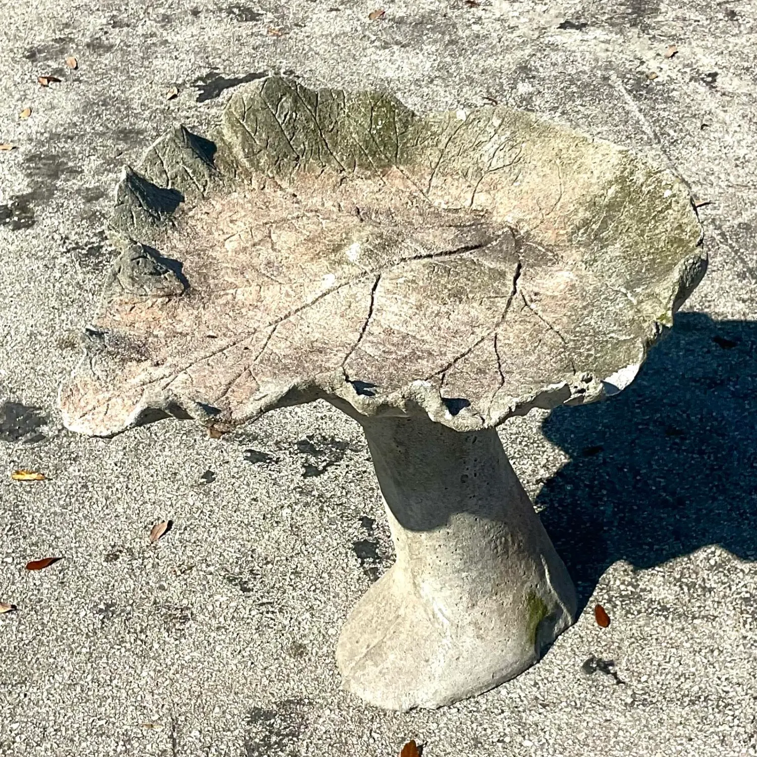 Vintage Boho Cast Cement Leaf Birdbath - Back view