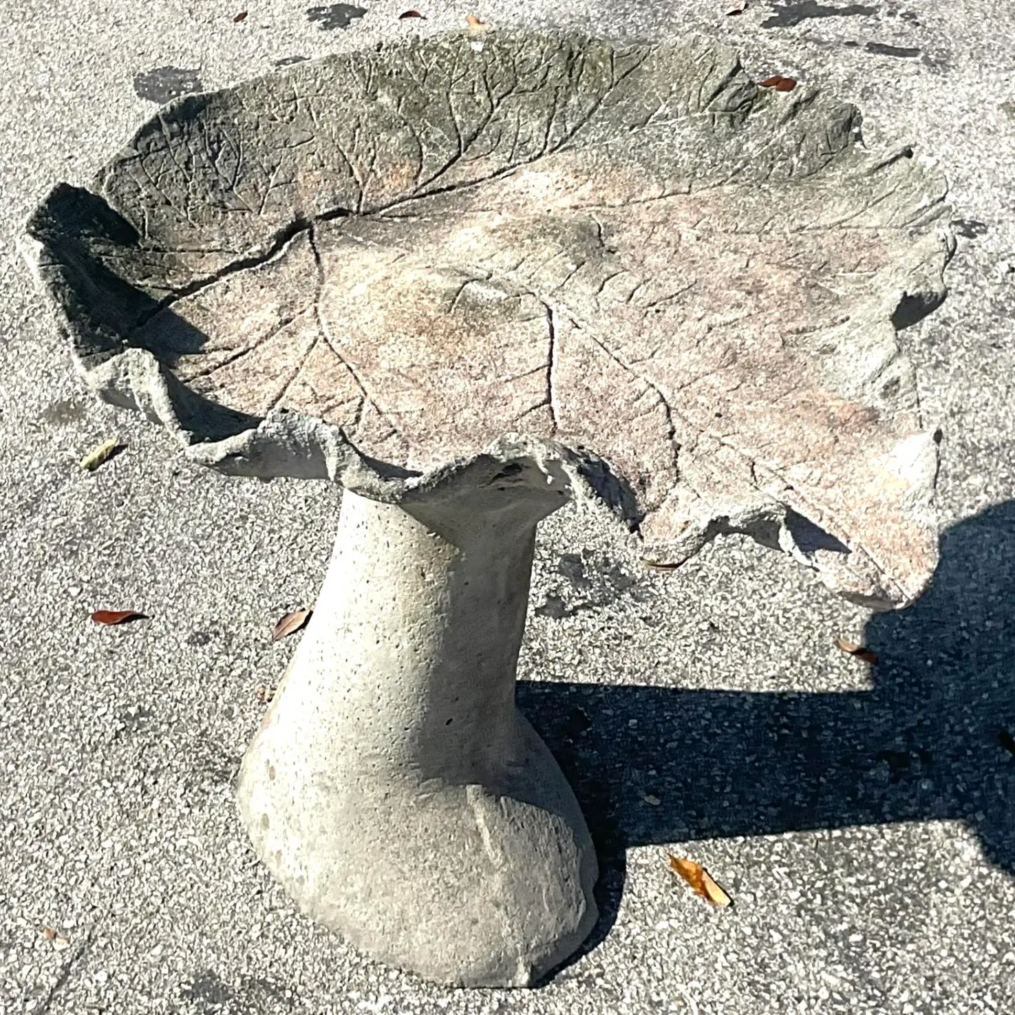 Vintage Boho Cast Cement Leaf Birdbath - Top view