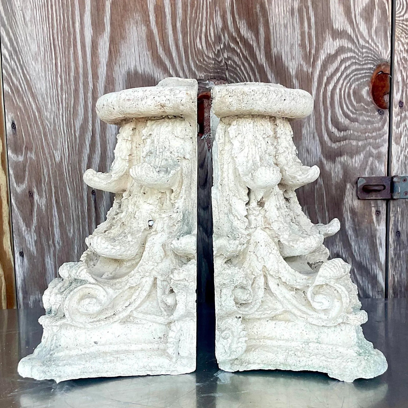 Vintage Boho Cast Concrete Corinthian Column Top - Side view