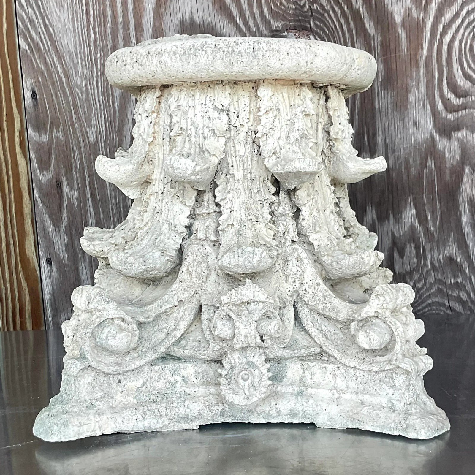 Vintage Boho Cast Concrete Corinthian Column Top - Detail view