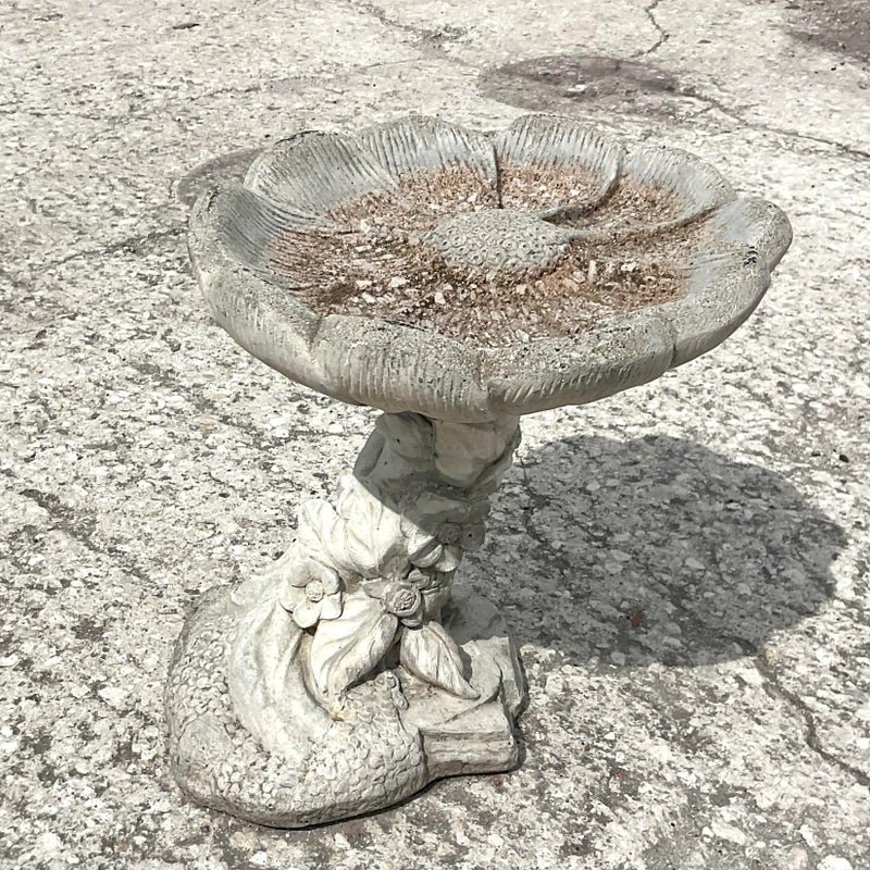 Vintage Boho Cast Concrete Flower Bird Bath - Detail view