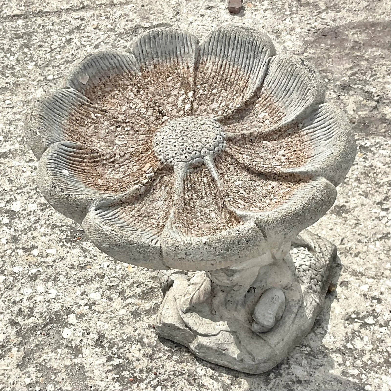 Vintage Boho Cast Concrete Flower Bird Bath - Side view