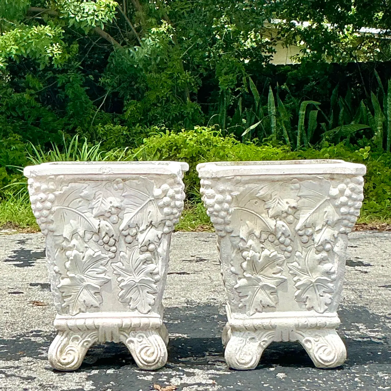 Vintage Boho Cast Concrete Grape Vine Planter - a Pair - Top view