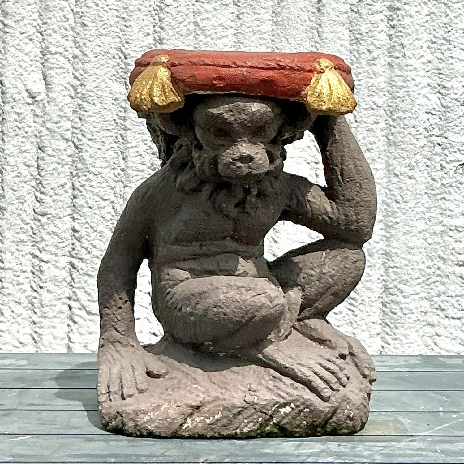 Vintage Boho Cast Concrete Monkey Low Stool - Side view