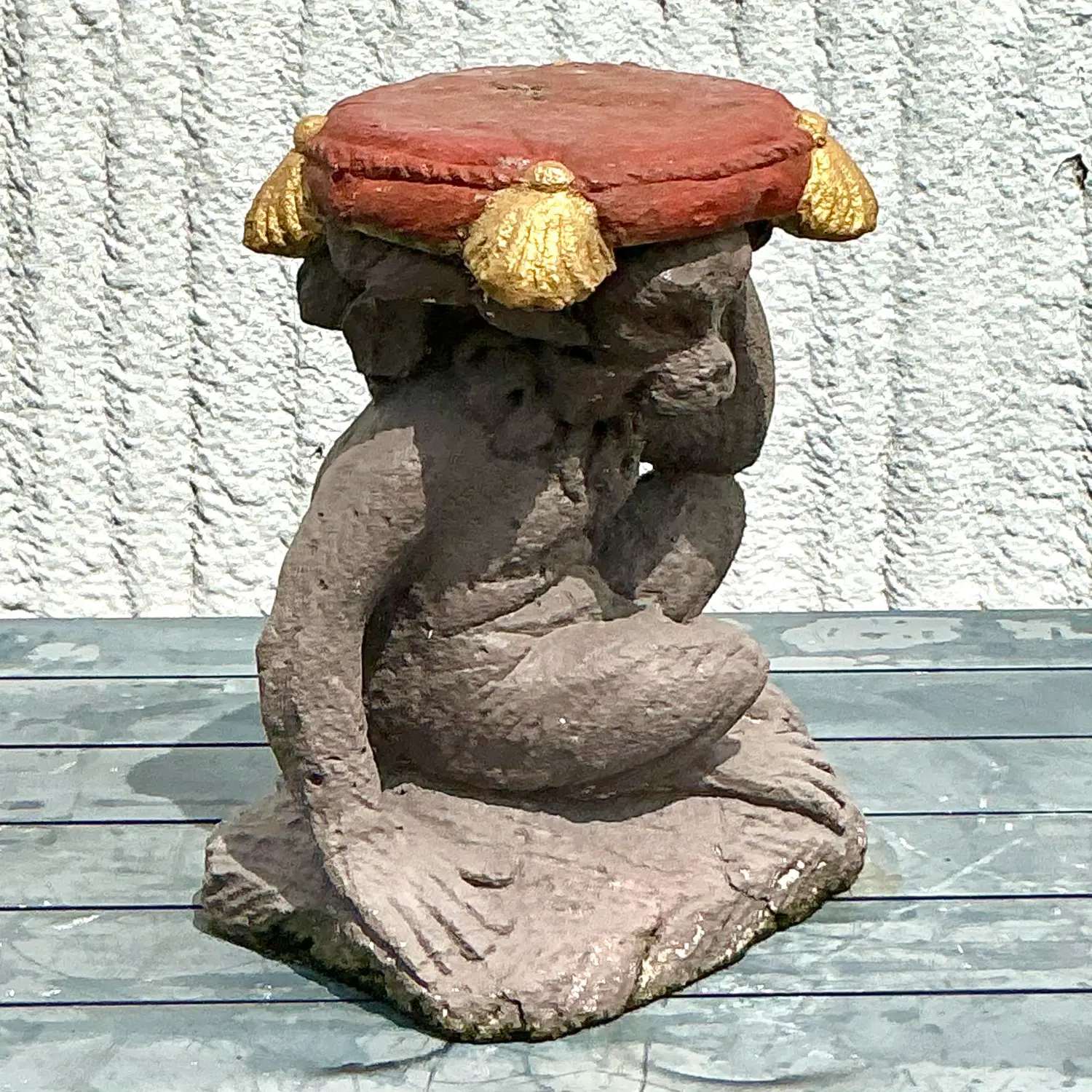 Vintage Boho Cast Concrete Monkey Low Stool - Back view