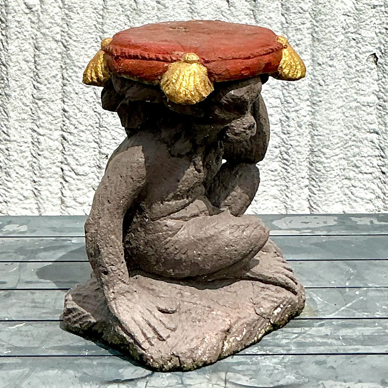 Vintage Boho Cast Concrete Monkey Low Stool - Detail view