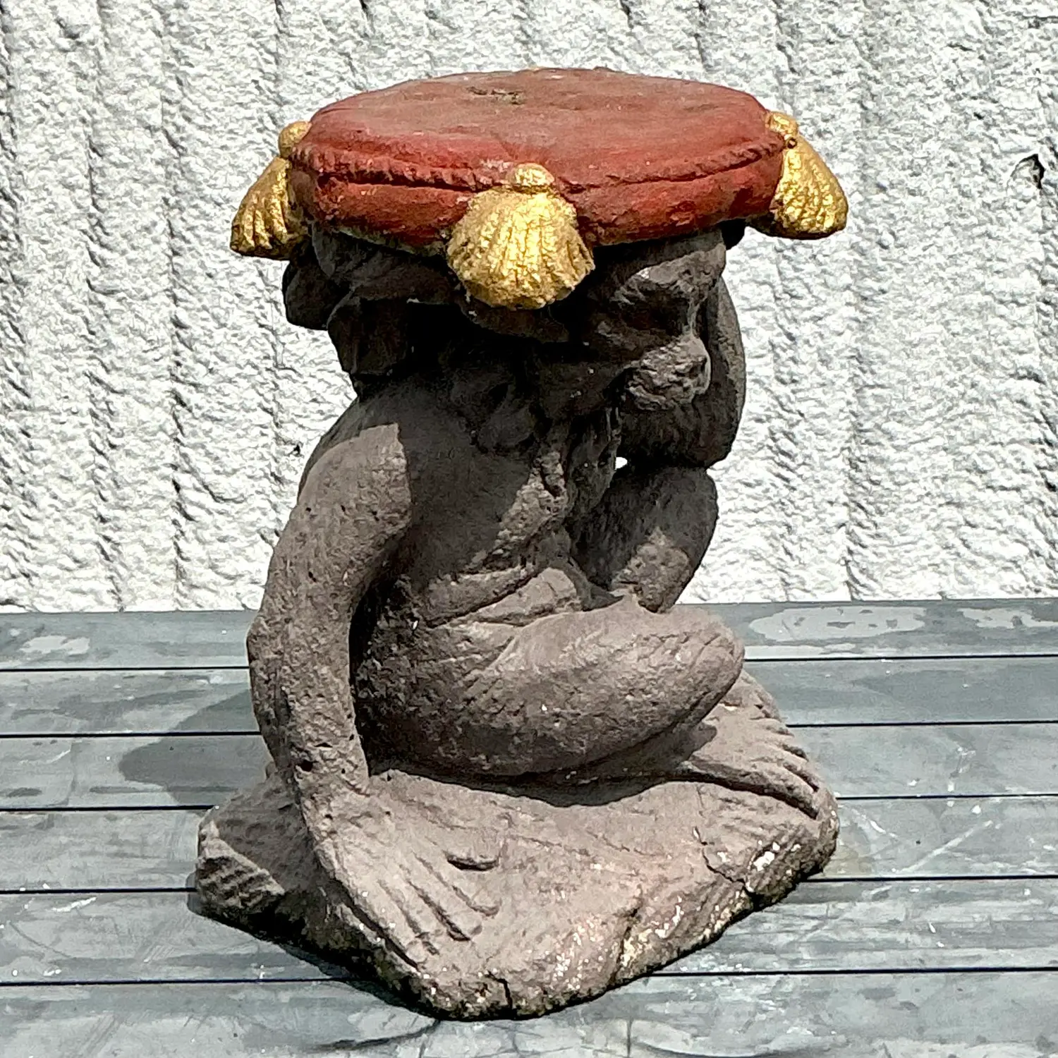 Vintage Boho Cast Concrete Monkey Low Stool - Top view