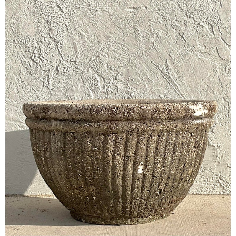 Vintage Boho Cast Concrete Ribbed Planter - Detail view