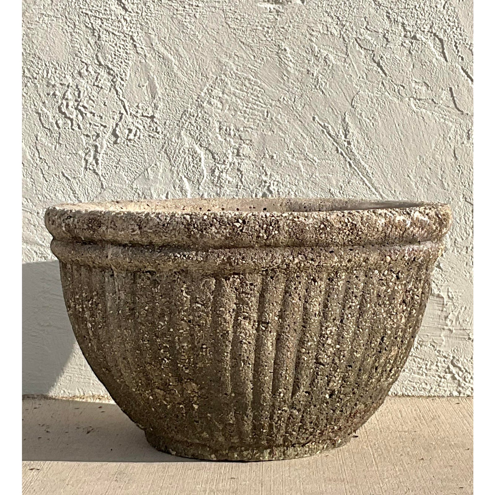 Vintage Boho Cast Concrete Ribbed Planter - Top view
