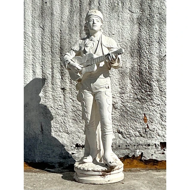 Vintage Boho Cast Concrete Statue of Guitar Player - Detail view
