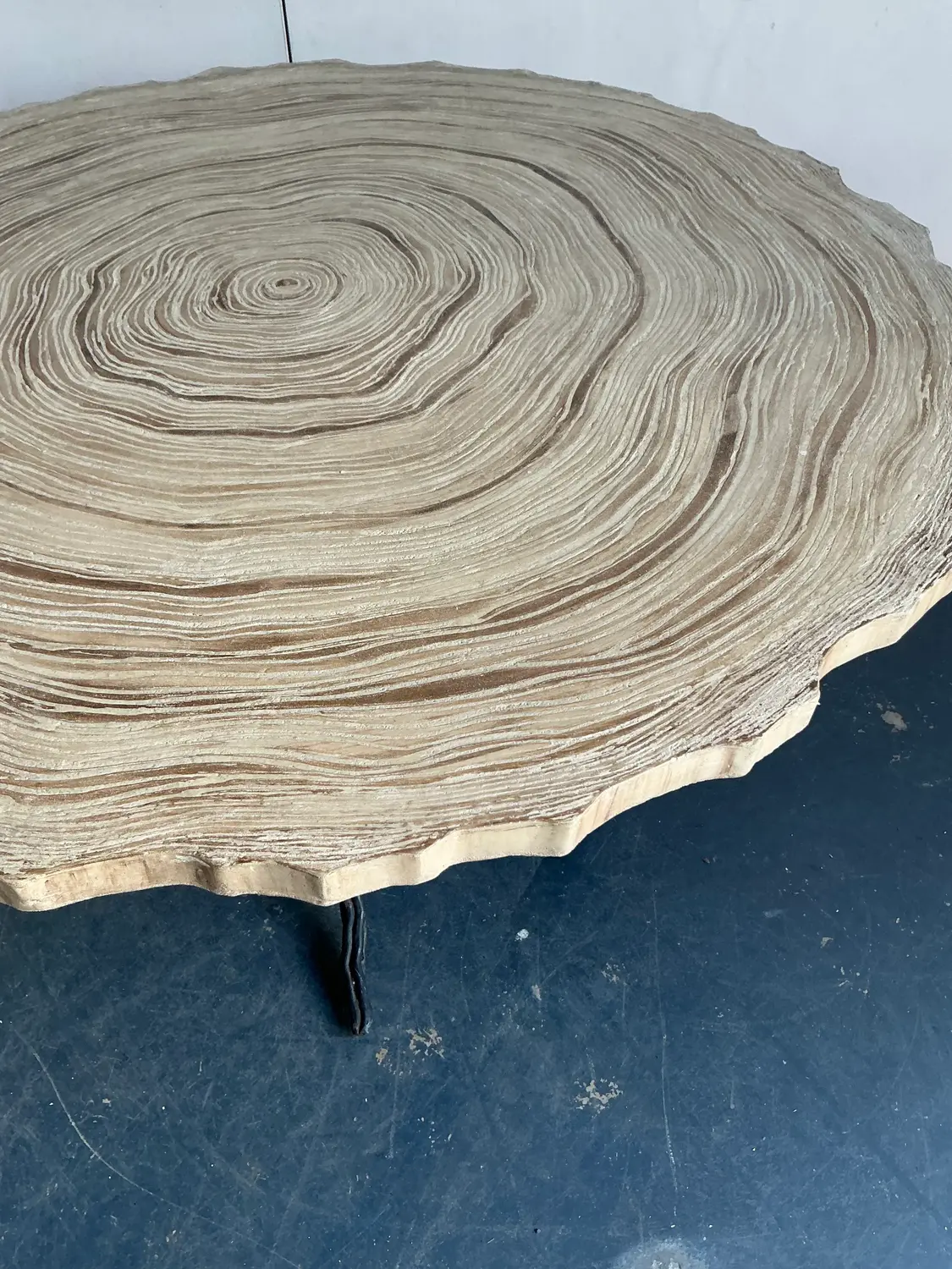 Vintage Boho Cast Concrete Tree Slice Slab Table - Side view