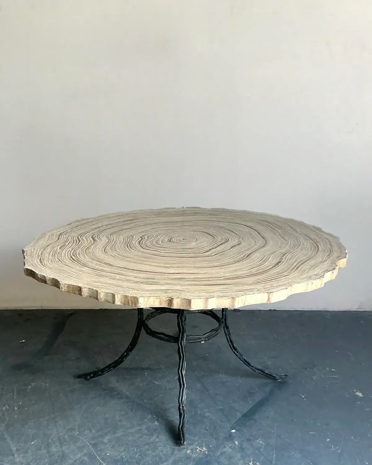 Vintage Boho Cast Concrete Tree Slice Slab Table - Back view
