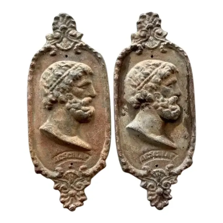 Vintage Boho Cast Iron Profile Plaque of Asclepius - A Pair - Detail view