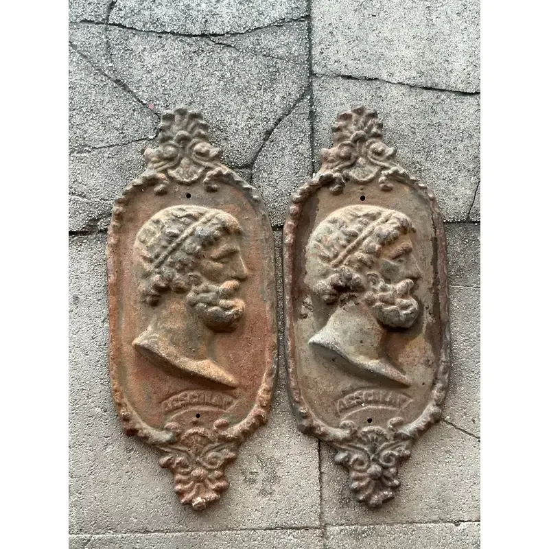 Vintage Boho Cast Iron Profile Plaque of Asclepius - A Pair - Top view