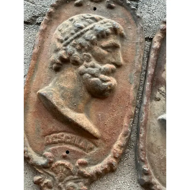 Vintage Boho Cast Iron Profile Plaque of Asclepius - A Pair - Side view