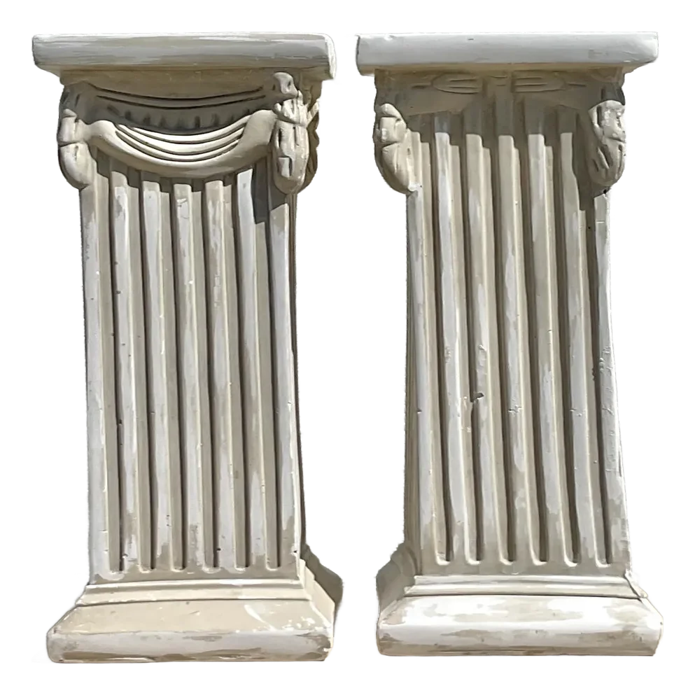 Vintage Boho Cast Plaster Over Wood Column Pedestals - A Pair