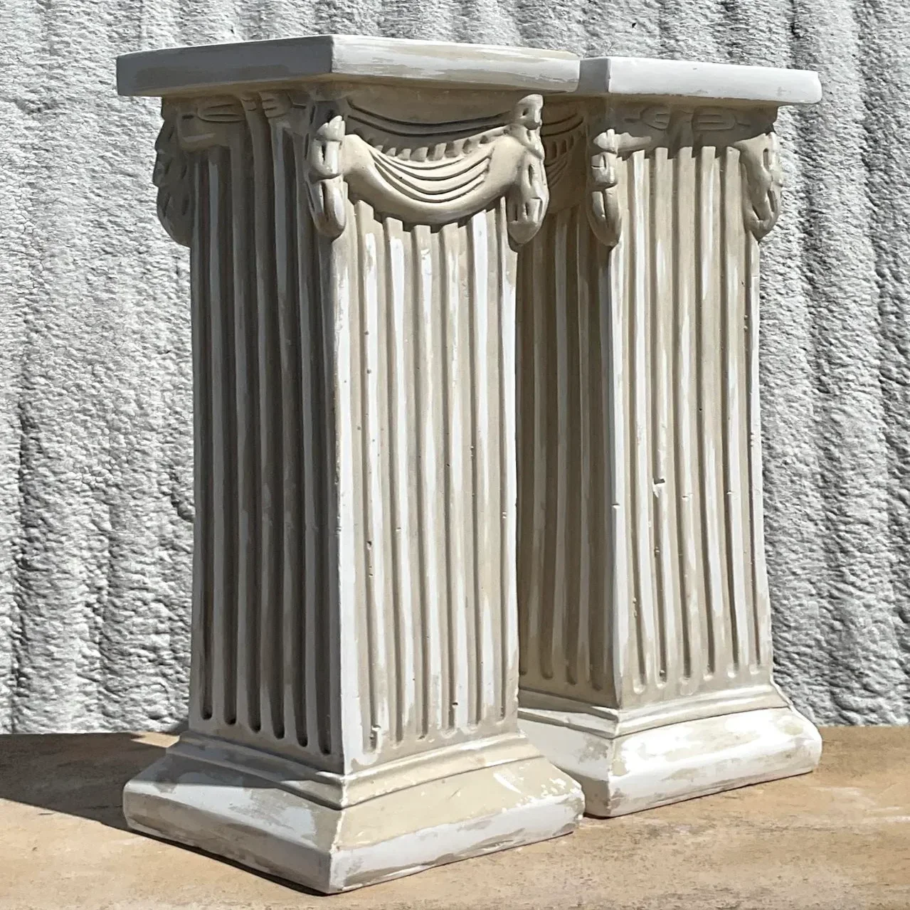Vintage Boho Cast Plaster Over Wood Column Pedestals - A Pair - Detail view