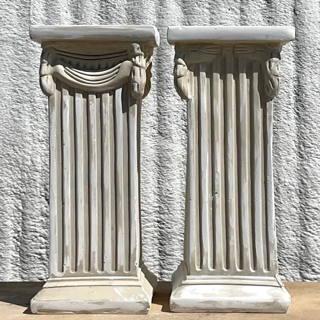 Vintage Boho Cast Plaster Over Wood Column Pedestals - A Pair - Side view
