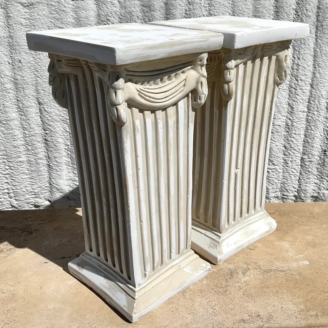 Vintage Boho Cast Plaster Over Wood Column Pedestals - A Pair - Back view