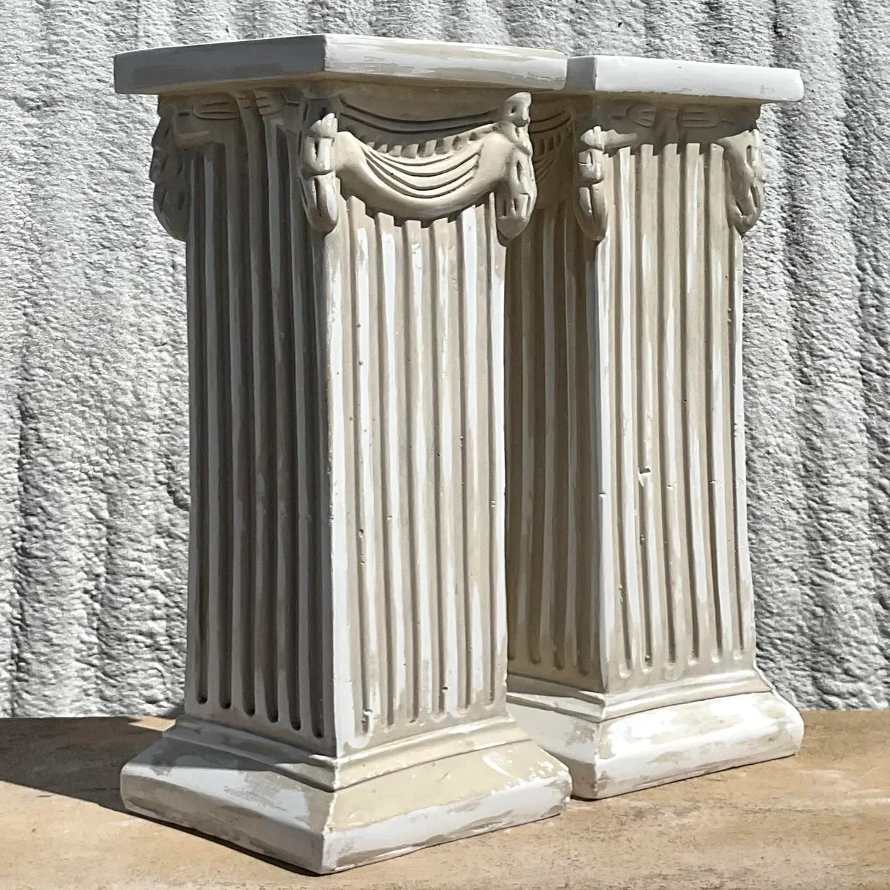 Vintage Boho Cast Plaster Over Wood Column Pedestals - A Pair - Top view