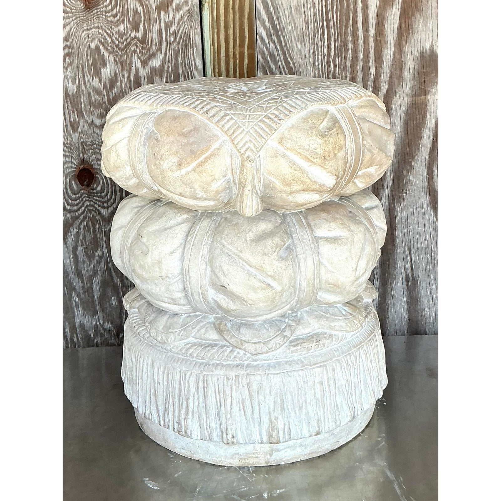 Vintage Boho Cast Plaster Swag Low Stool - Side view