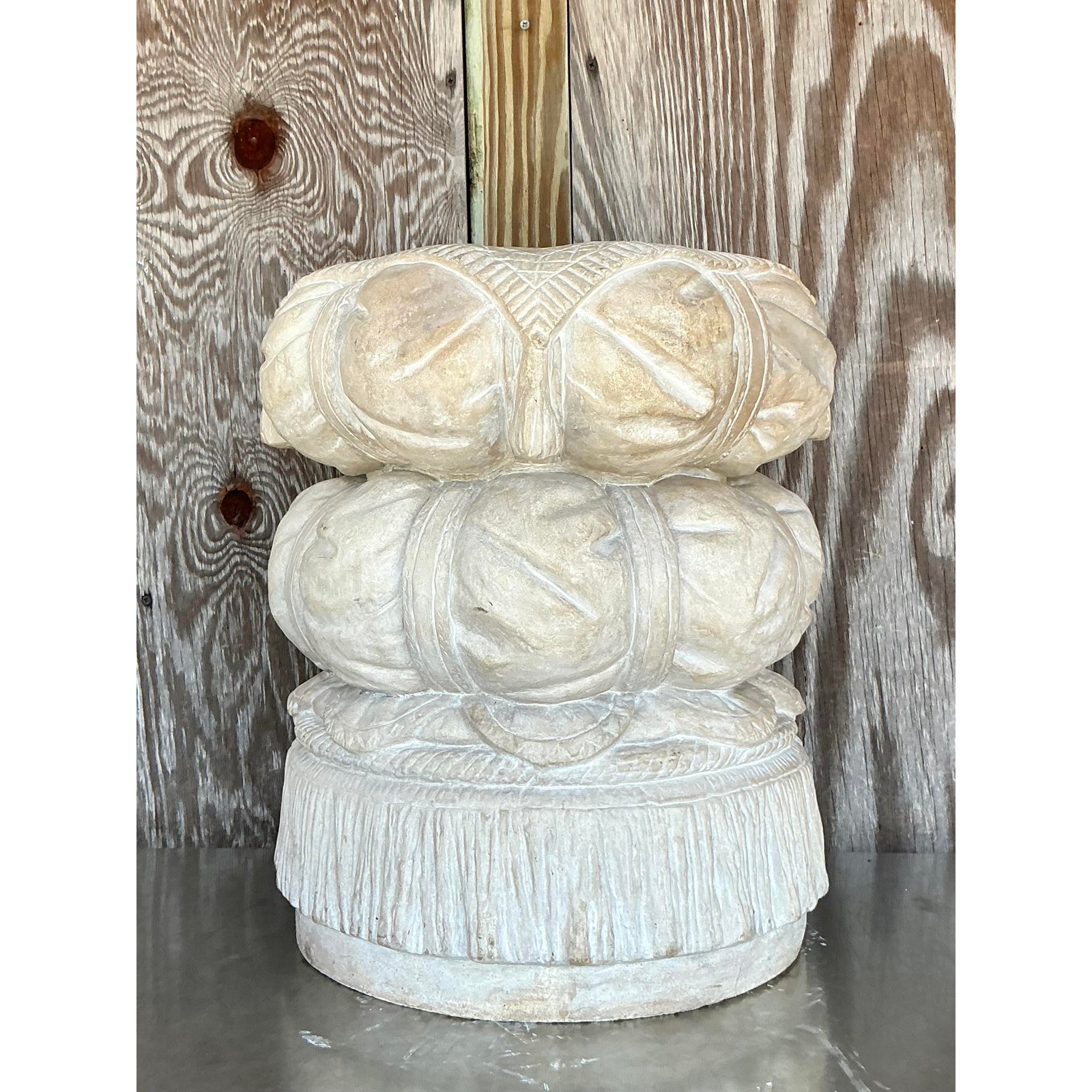 Vintage Boho Cast Plaster Swag Low Stool - Top view