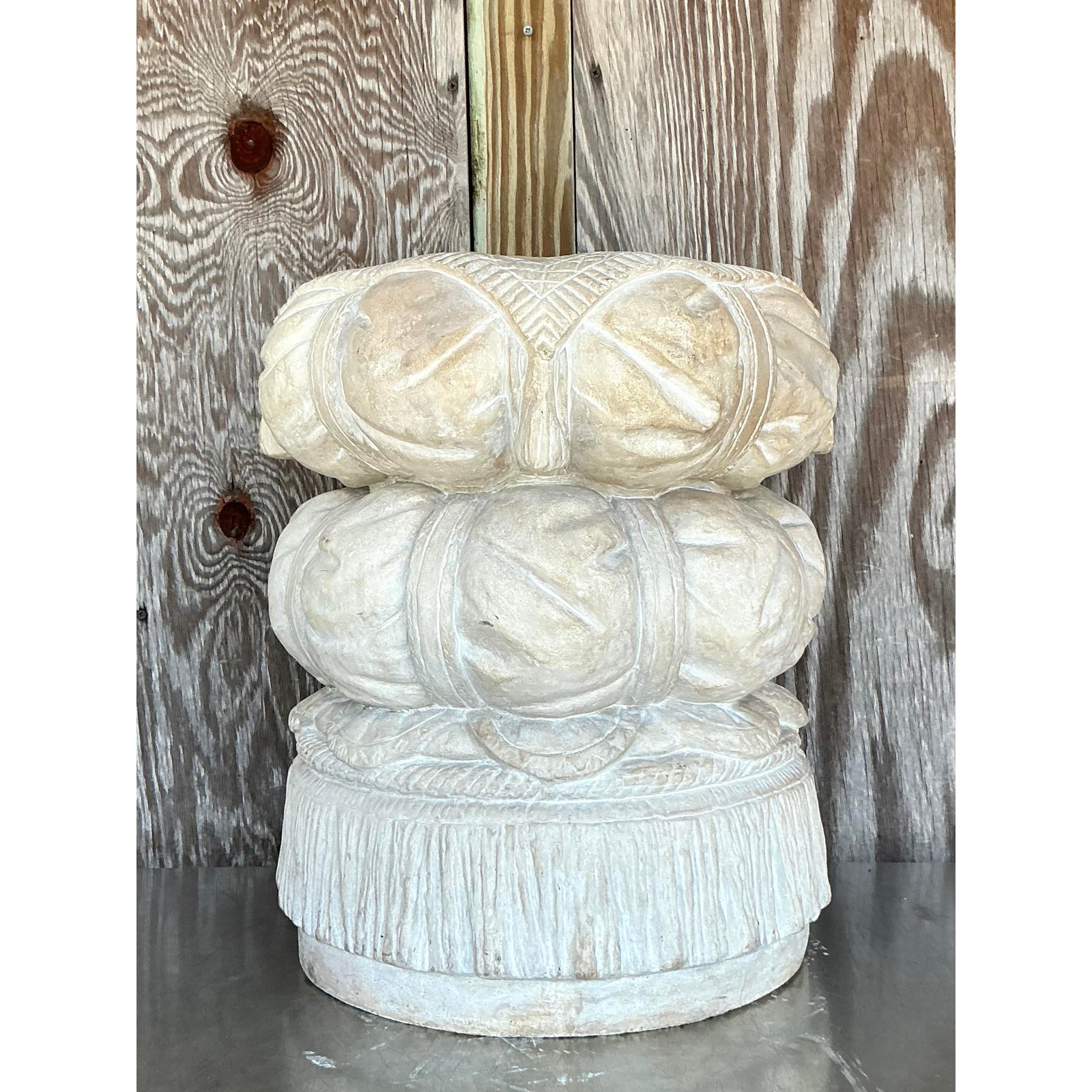 Vintage Boho Cast Plaster Swag Low Stool - Back view