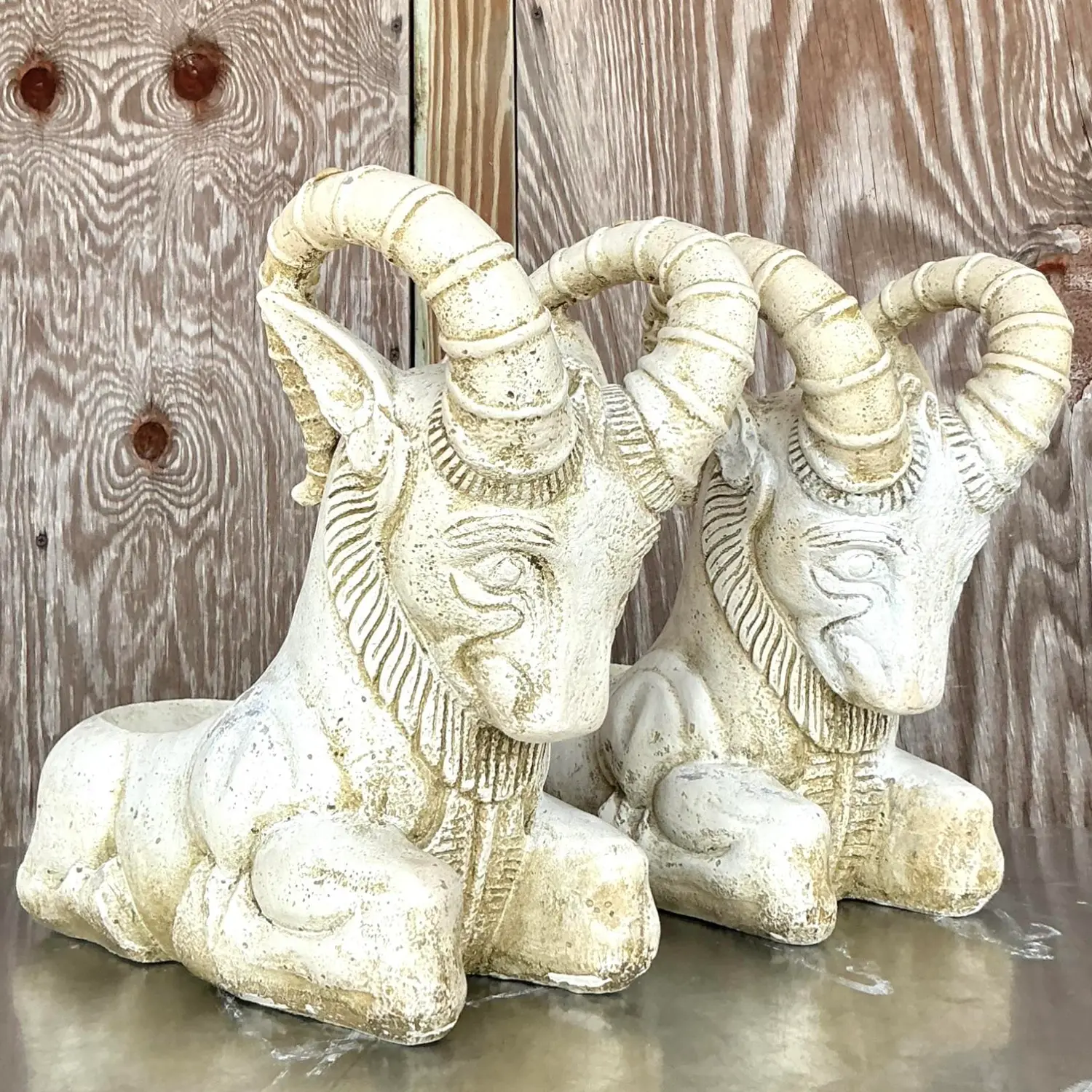 Vintage Boho Cement Rams Head Planters - a Pair - Detail view