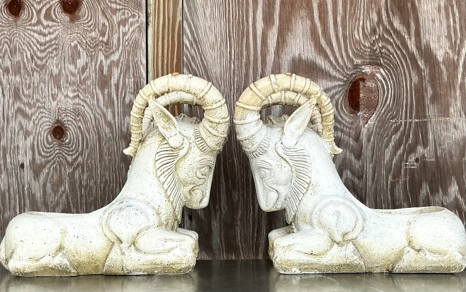 Vintage Boho Cement Rams Head Planters - a Pair - Side view