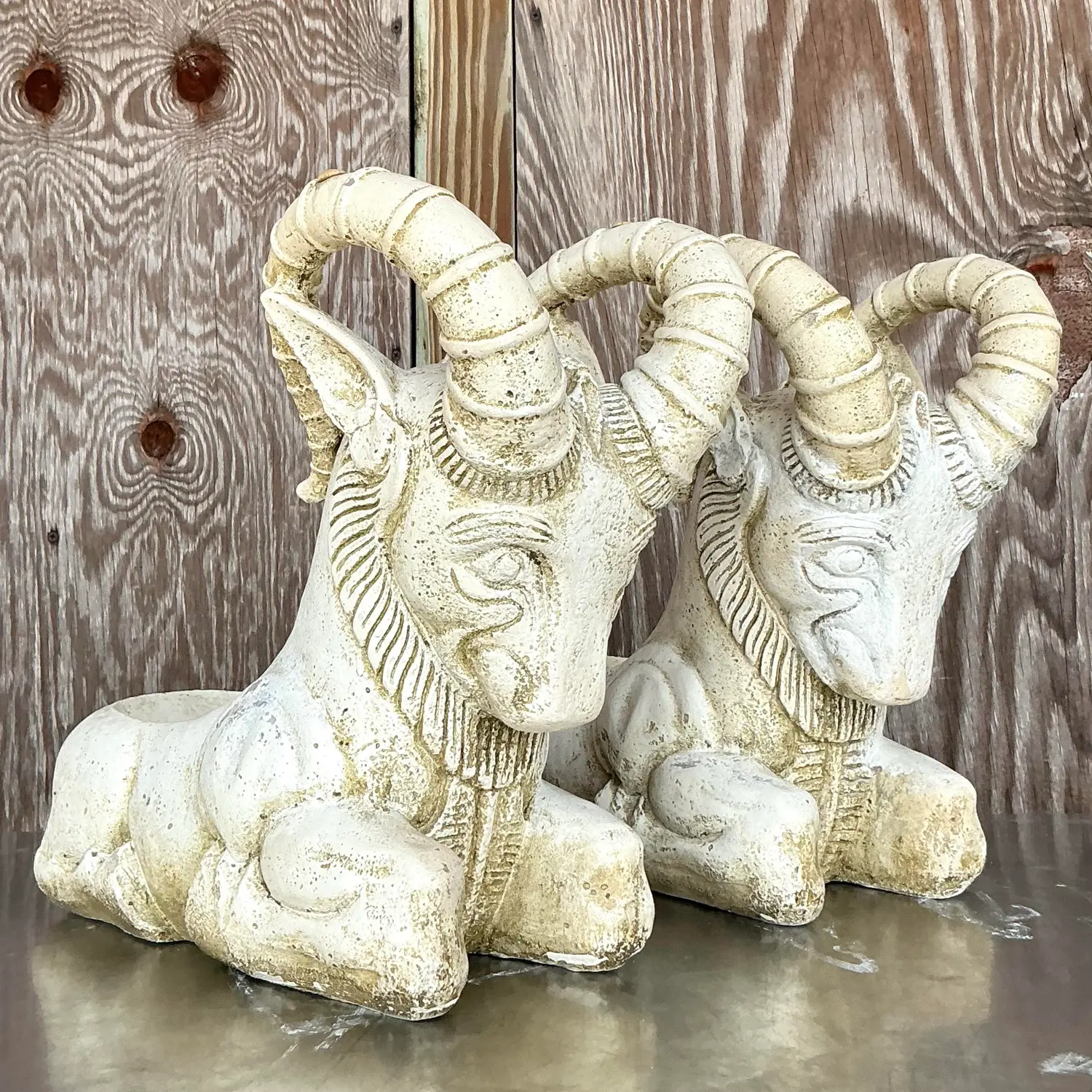 Vintage Boho Cement Rams Head Planters - a Pair - Back view