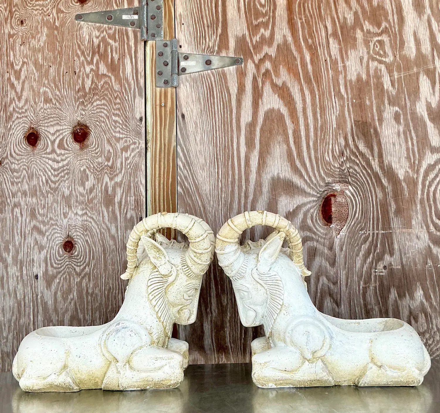 Vintage Boho Cement Rams Head Planters - a Pair - Top view
