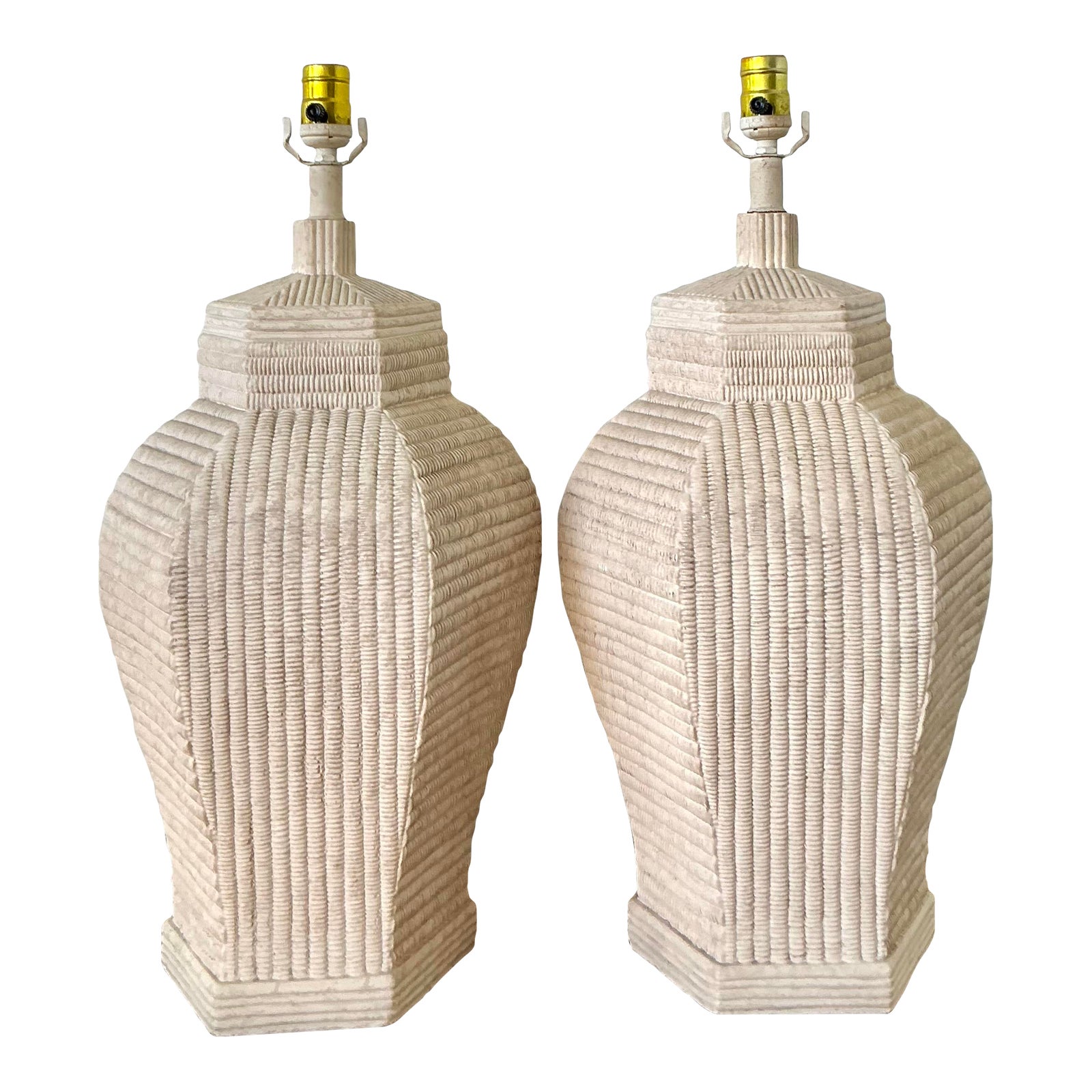 Vintage Boho Ceramic Woven Rattan Lamps - A Pair