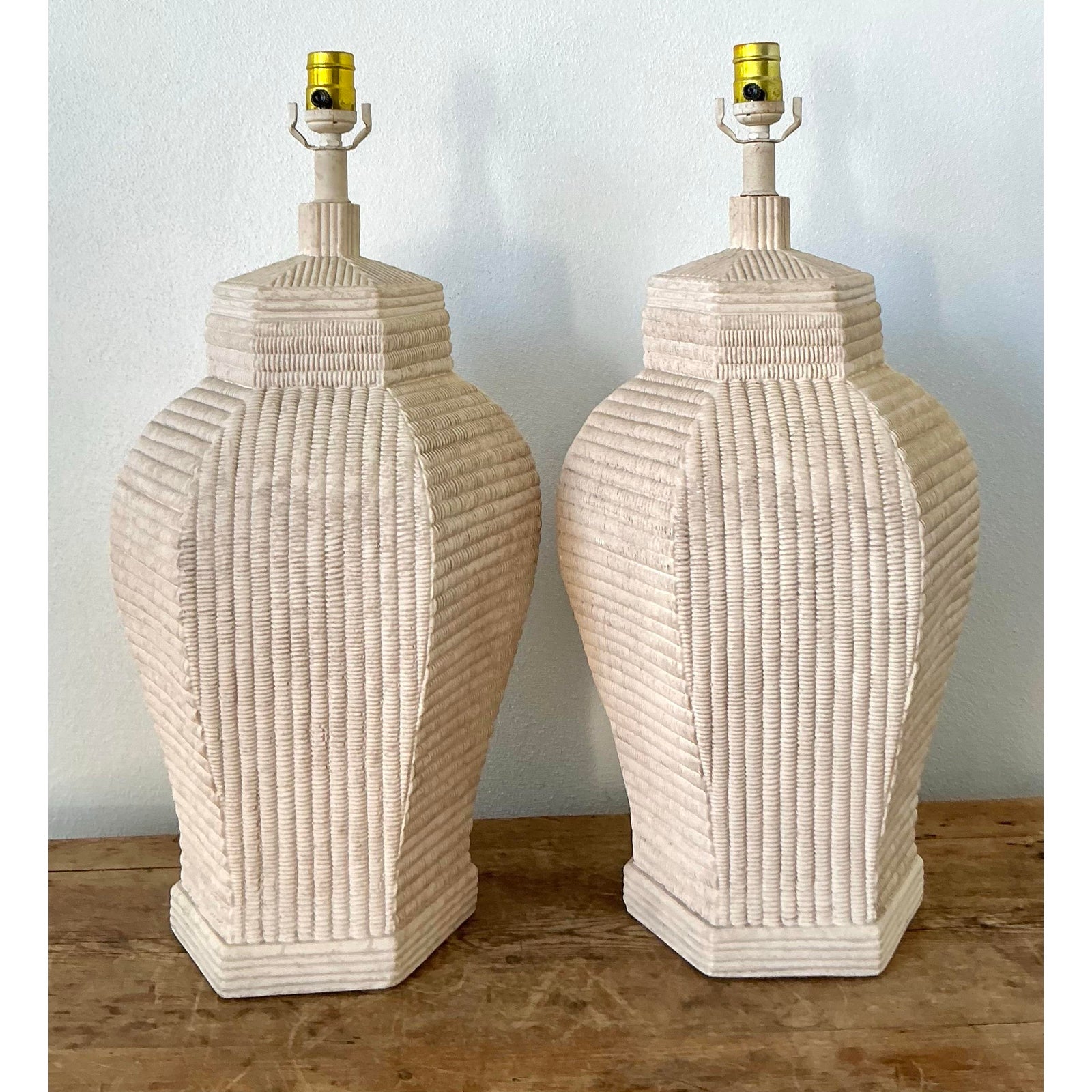 Vintage Boho Ceramic Woven Rattan Lamps - A Pair - Detail view