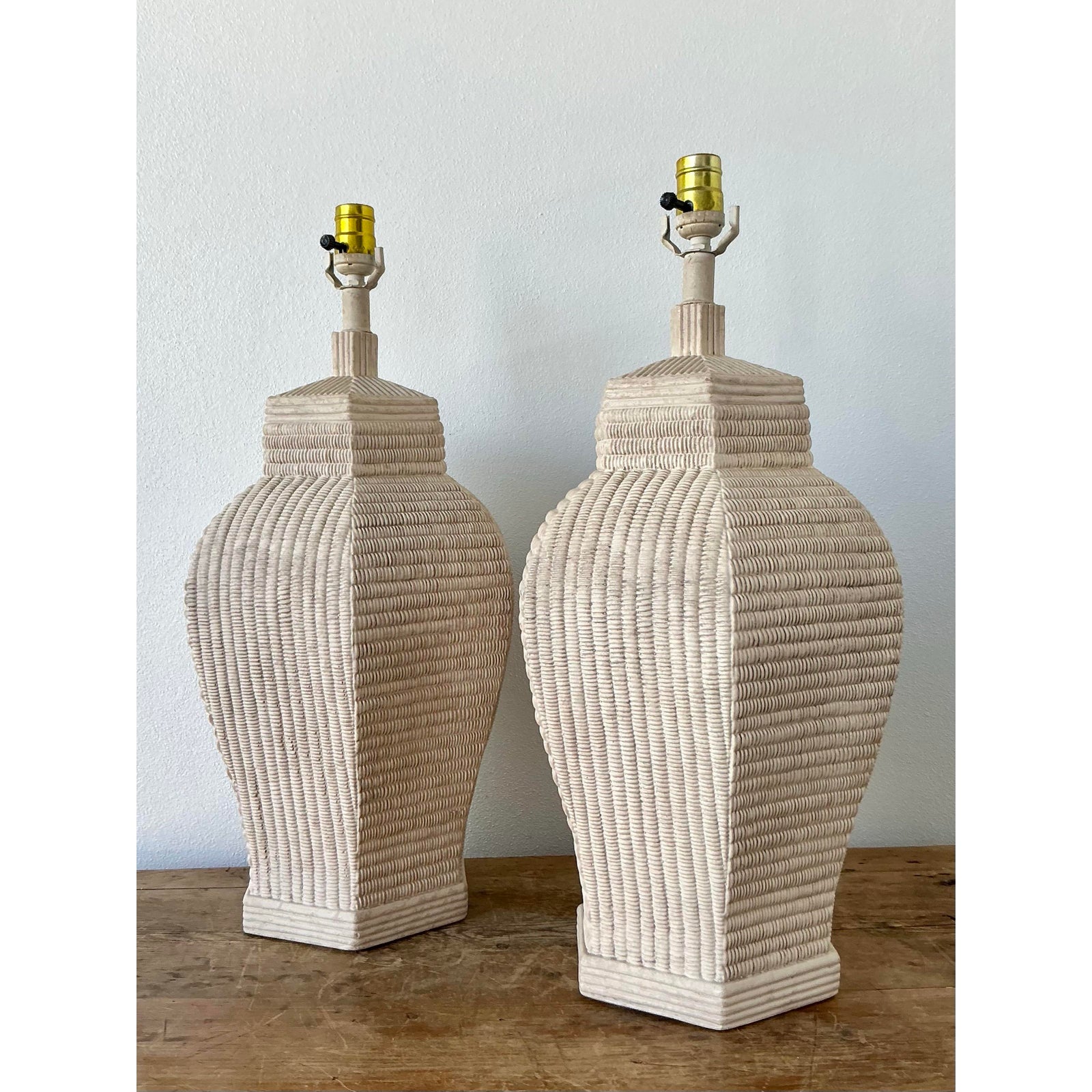 Vintage Boho Ceramic Woven Rattan Lamps - A Pair - Back view