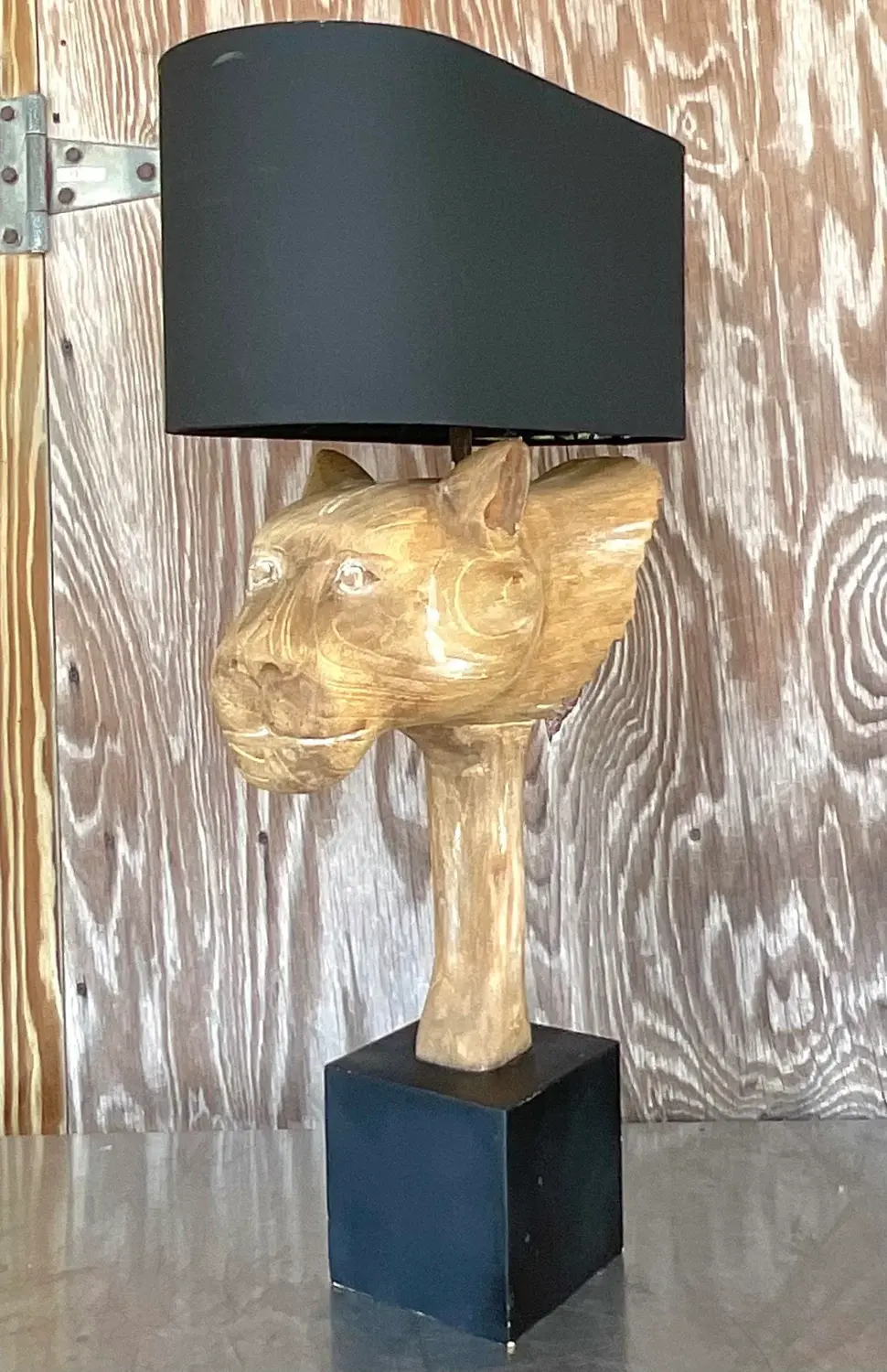 Vintage Boho Cerused Wood Winged Lion’s Head Lamp - Top view