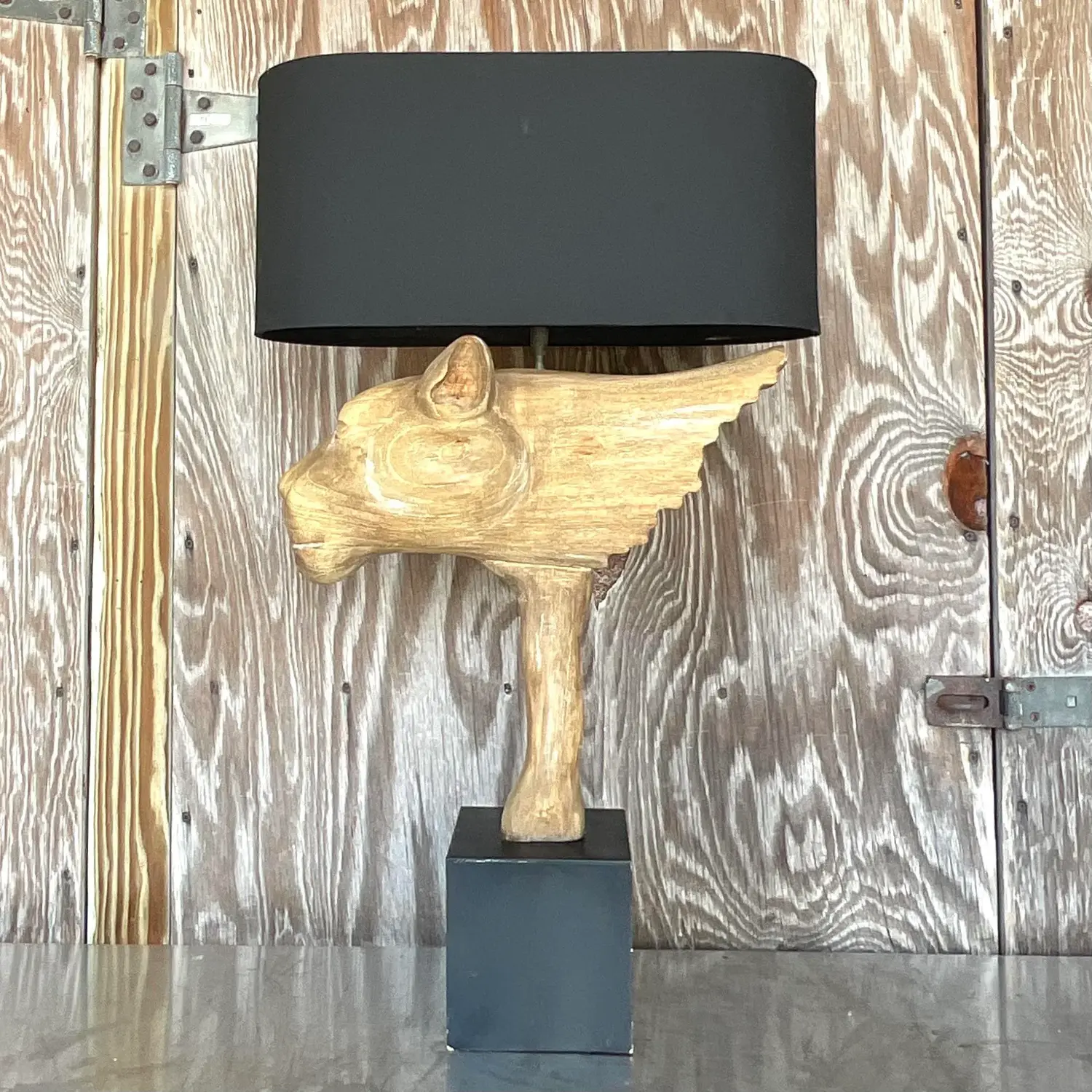 Vintage Boho Cerused Wood Winged Lion’s Head Lamp - Detail view
