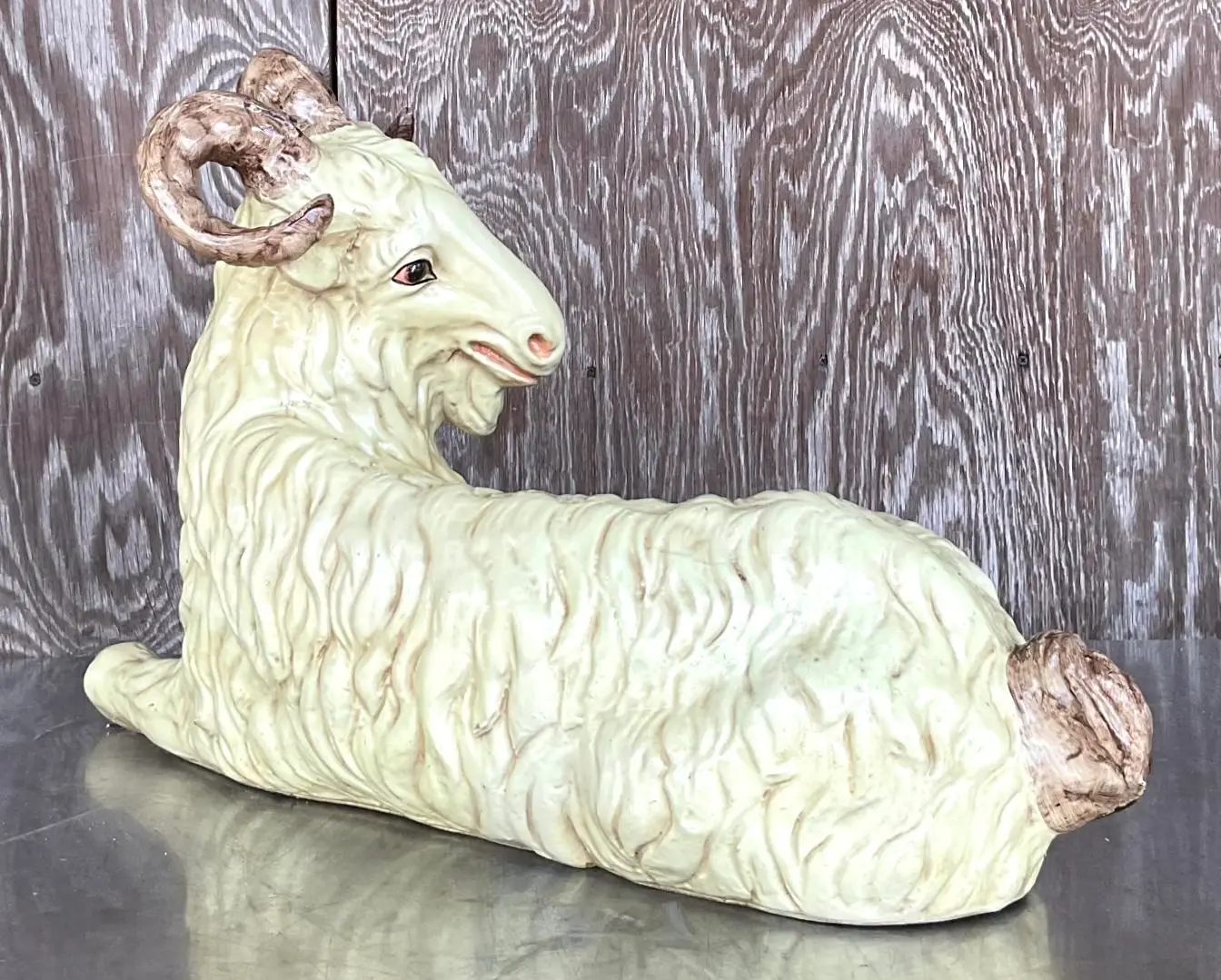 Vintage Boho Chalkware Big Horn Ram - Side view