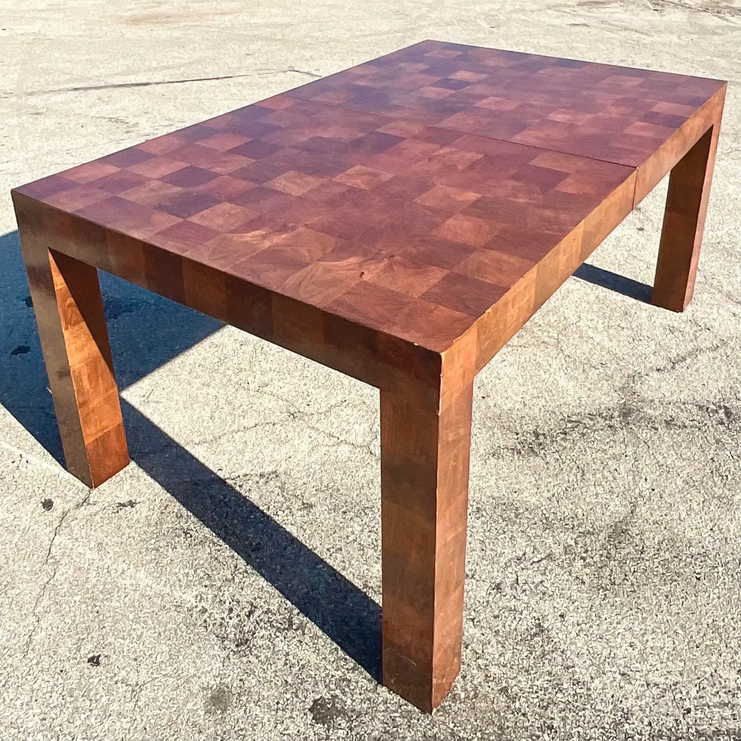 Vintage Boho Checkerboard Burl Wood Dining Table After Thayer Coggin - Side view