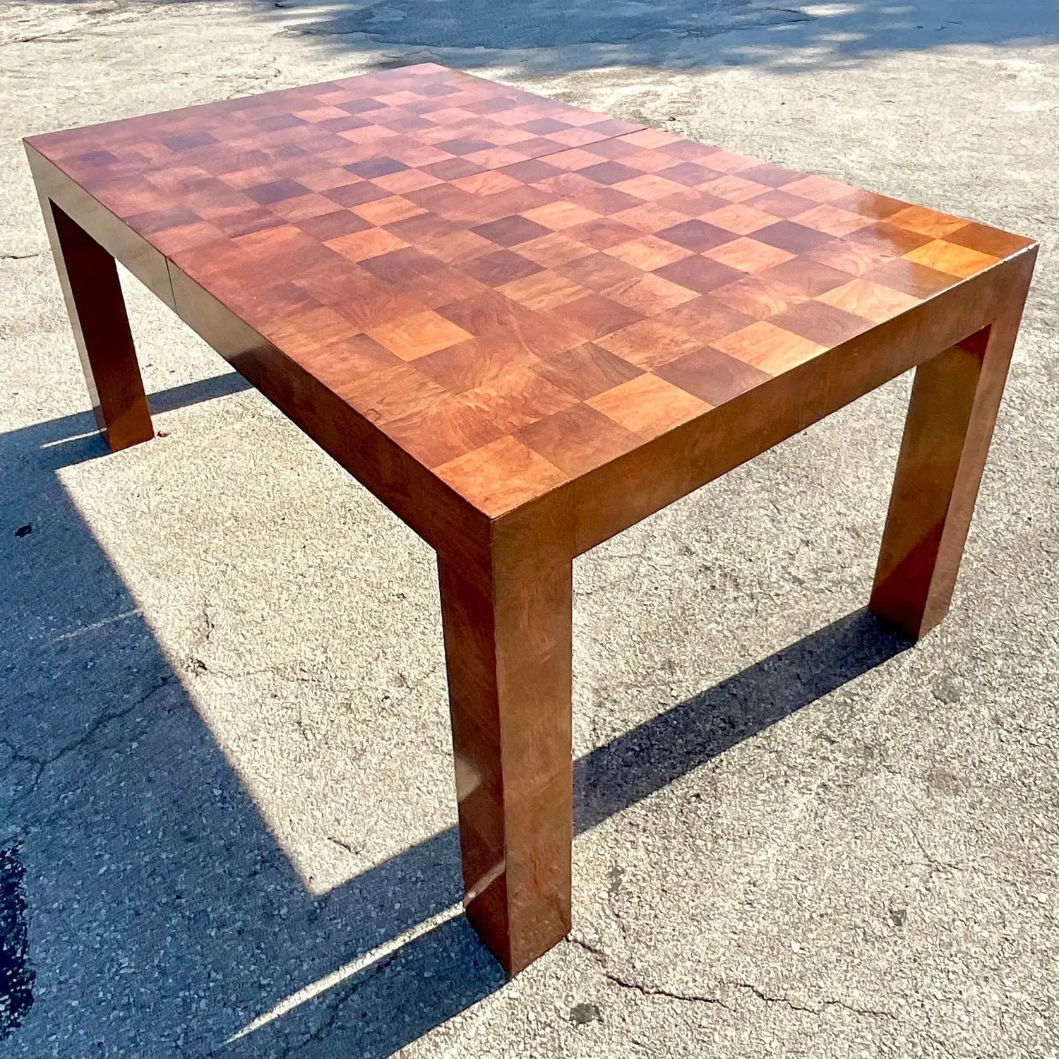 Vintage Boho Checkerboard Burl Wood Dining Table After Thayer Coggin - Top view