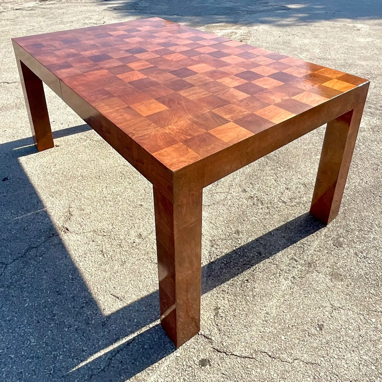 Vintage Boho Checkerboard Burl Wood Dining Table After Thayer Coggin - Back view
