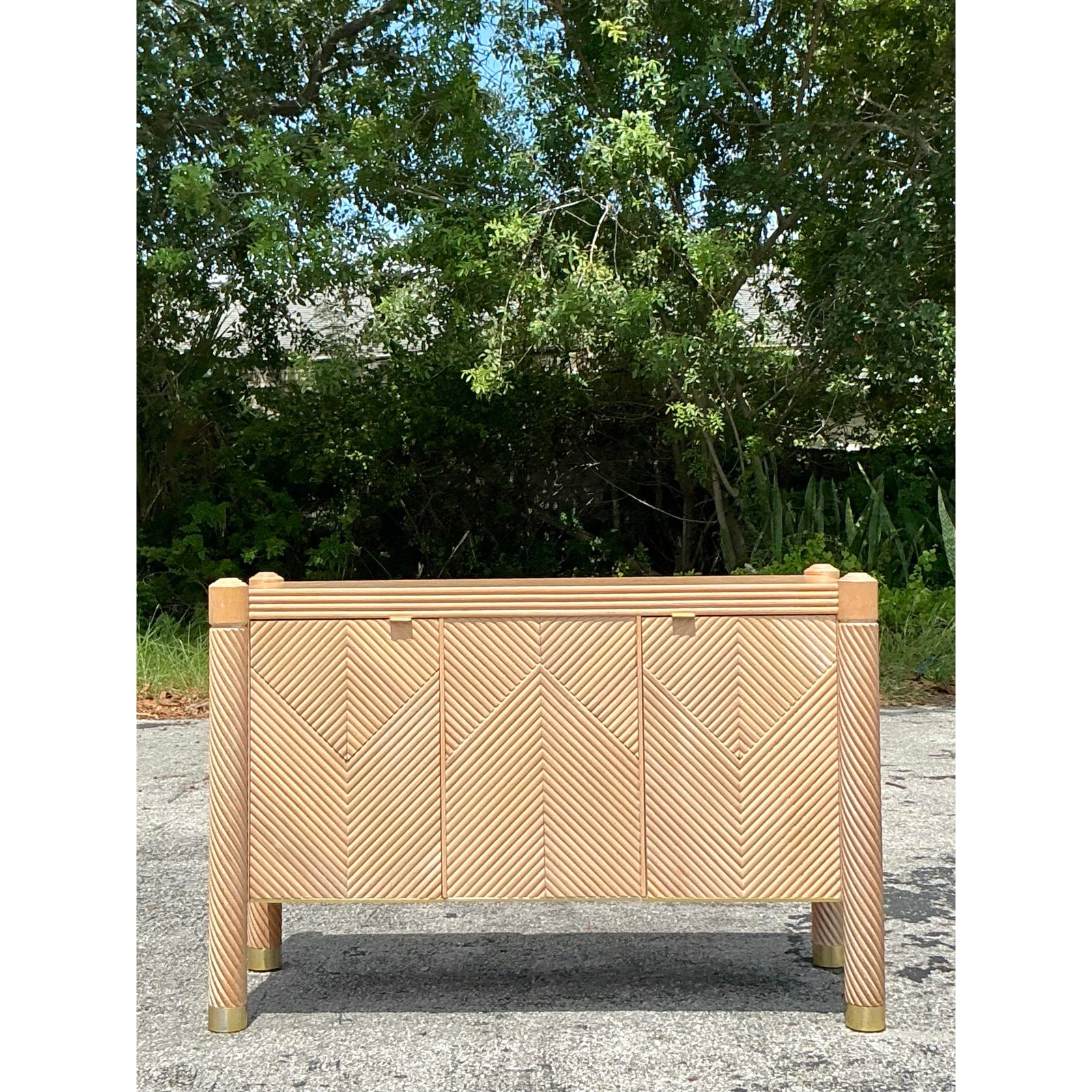 Vintage Boho Chevron Rattan Credenza - Back view
