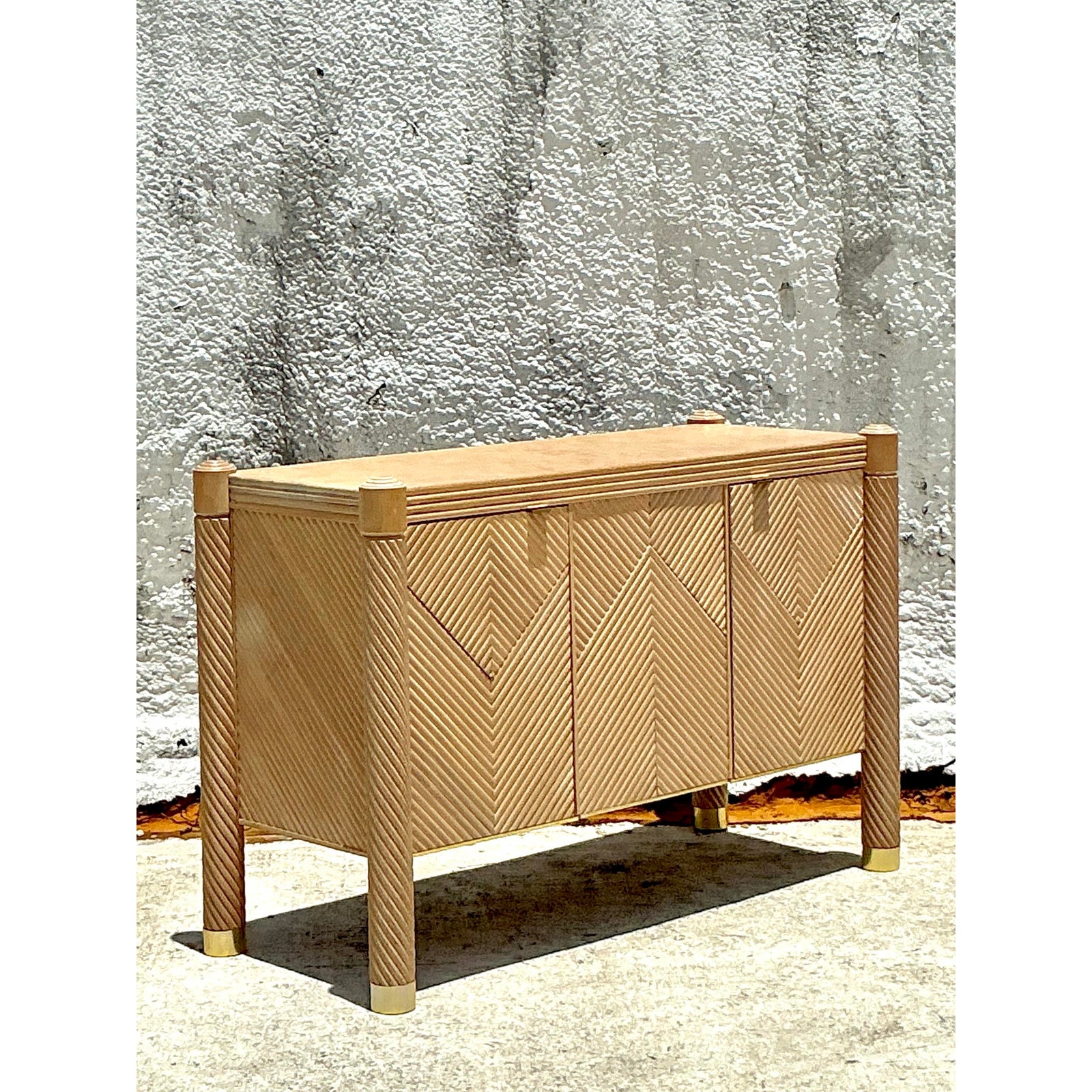 Vintage Boho Chevron Rattan Credenza - Top view