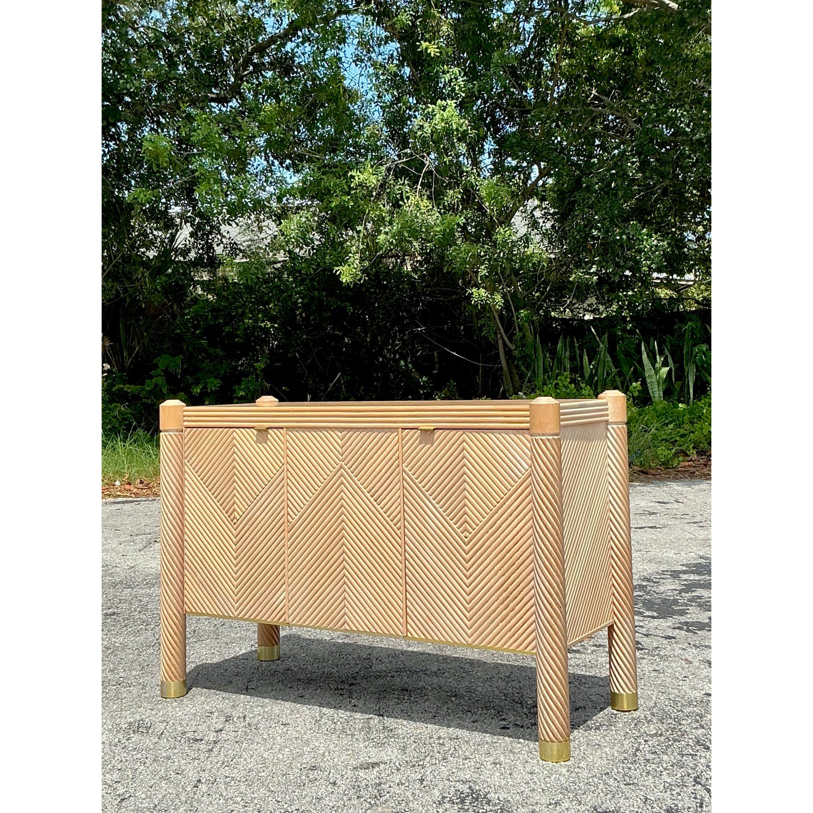 Vintage Boho Chevron Rattan Credenza - Side view