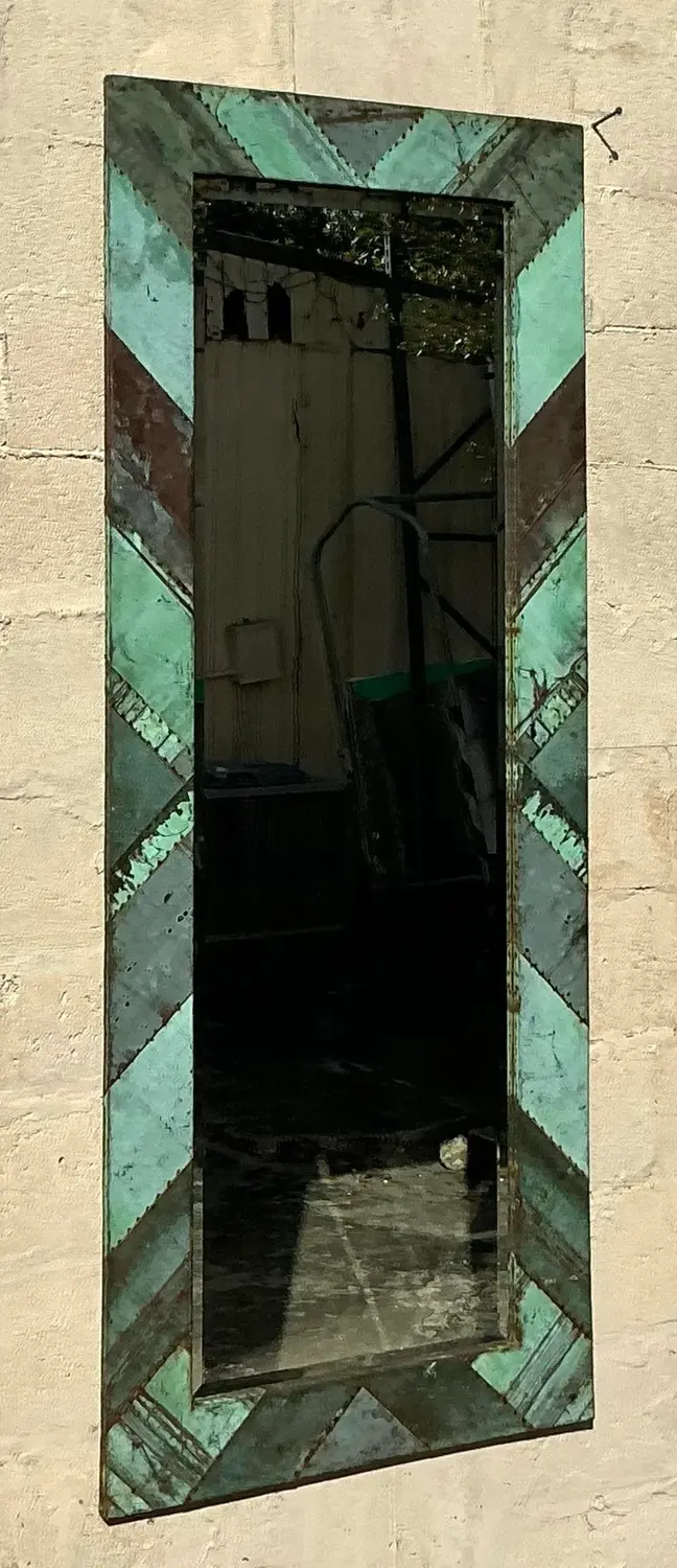 Vintage Boho Chevron Verdigris Copper Floor Mirror - Side view