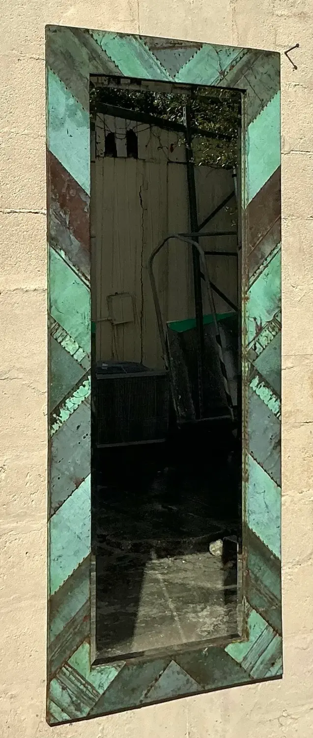 Vintage Boho Chevron Verdigris Copper Floor Mirror - Back view