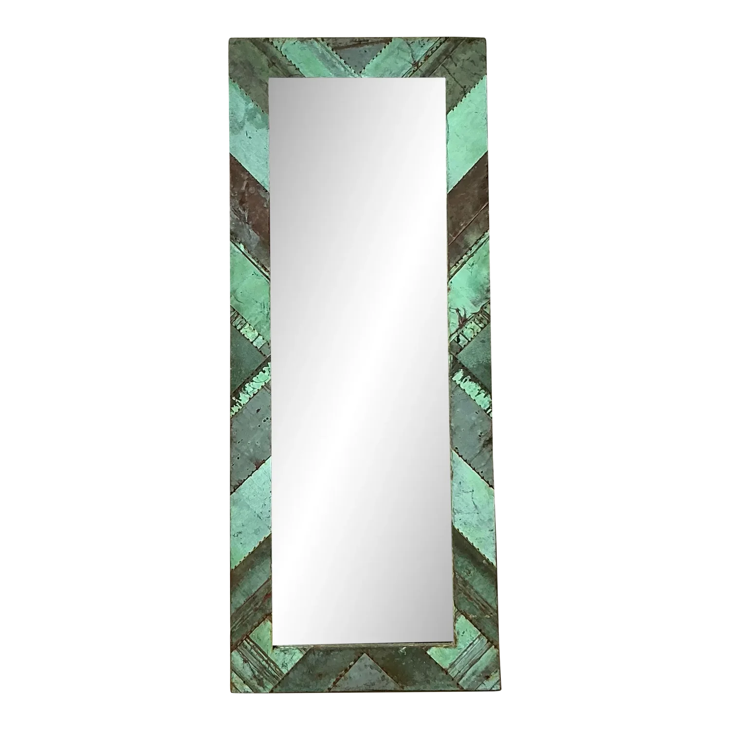 Vintage Boho Chevron Verdigris Copper Floor Mirror - Detail view