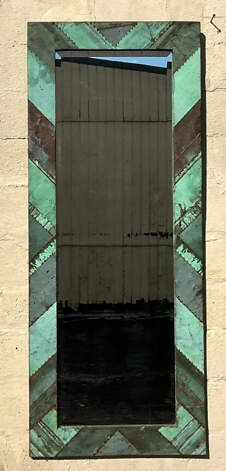 Vintage Boho Chevron Verdigris Copper Floor Mirror - Top view
