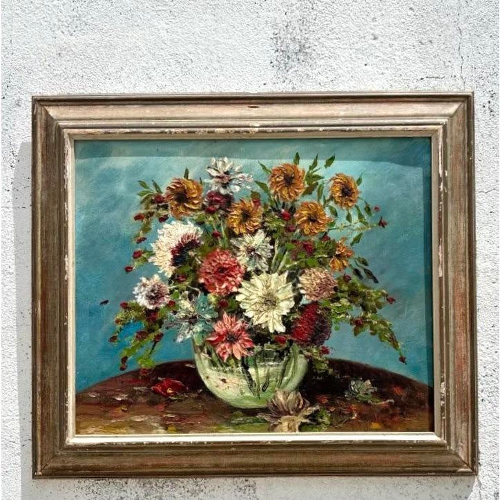 Vintage Boho Chic Impasto Painting of Flowers - Detail view