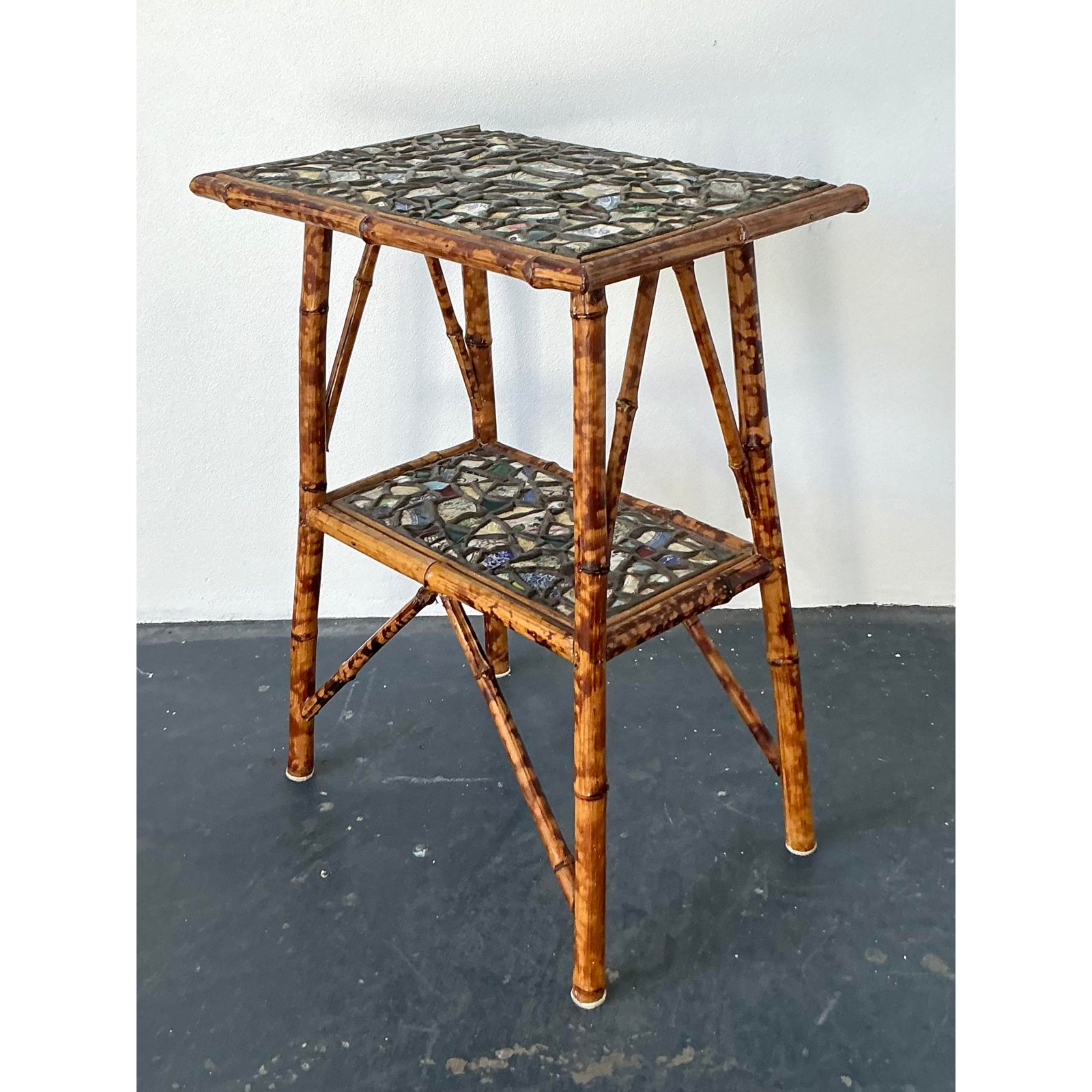 Vintage Boho China Mosaic Bamboo Side Table - Detail view